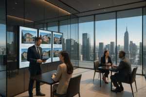 Luxury real estate office with panoramic city views and professional brokers onboarding with FocusOne platform.